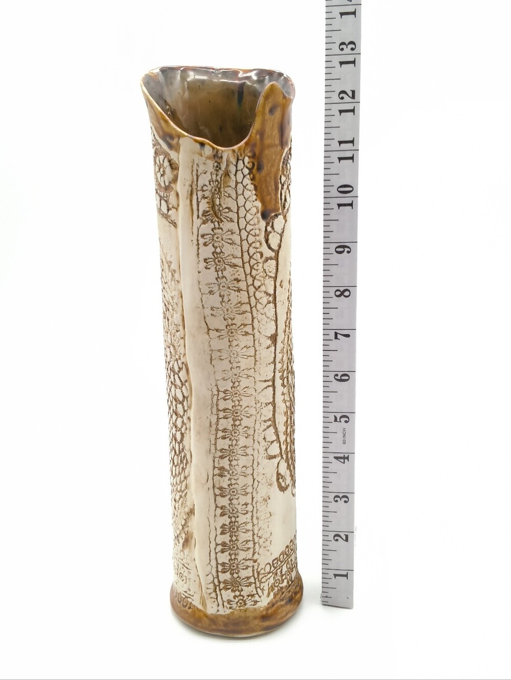 Twiddy Pottery by Colleen Diess - Handcrafted Lace Impressed Ceramic Slab Vase - Picture 6 of 13